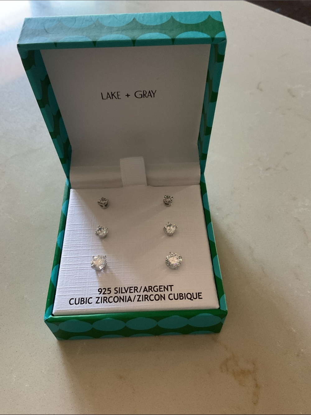 Lake + Gray 925 Sterling Silver Cubic Zirconia Stud Earrings Set of 3 NIB - Picture 2 of 4